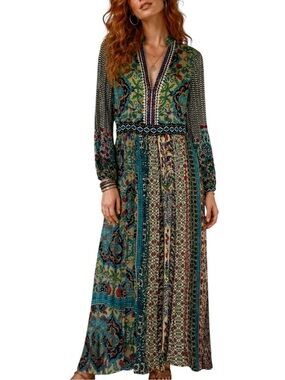 Bhanuni by Jyoti Boho Mixed Print  Embroidered Beaded Maxi Dress Extra Small